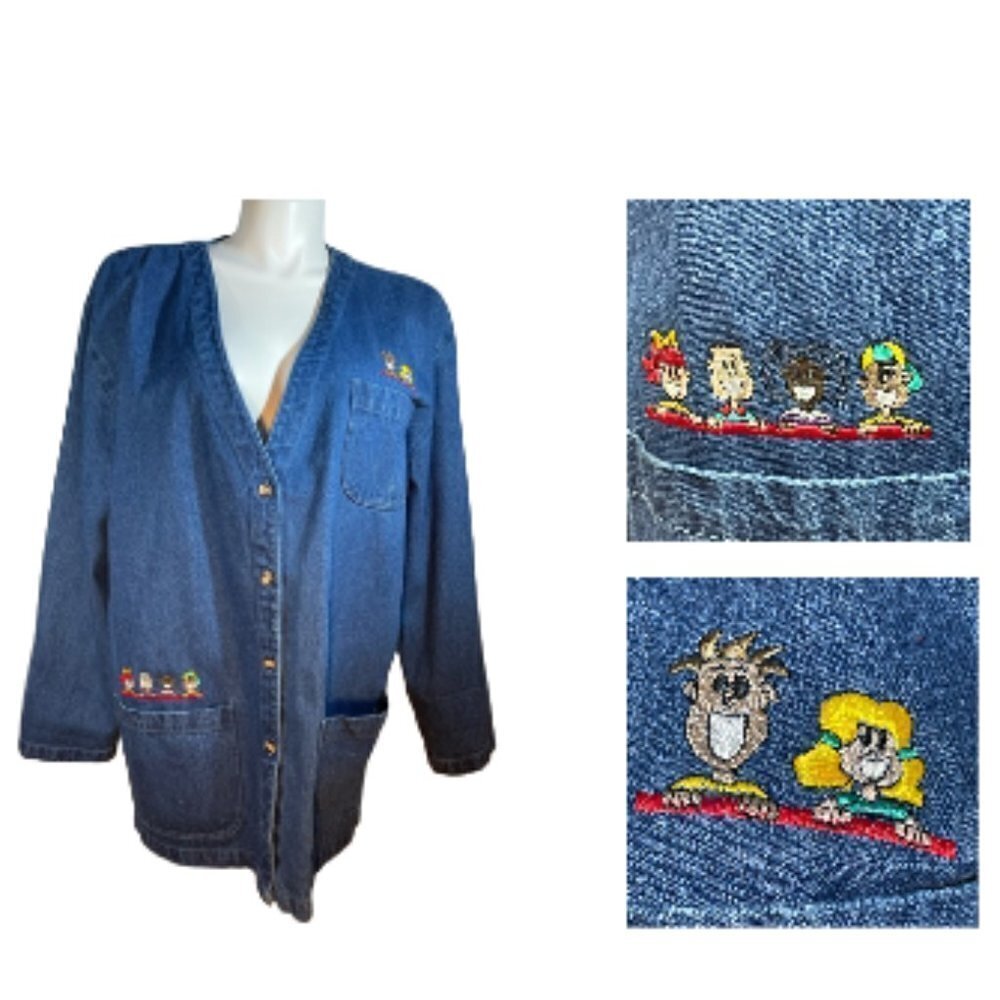 Vintage Denim whimsical Jacket XL – Oversized Embroidered Children Blazer Coat